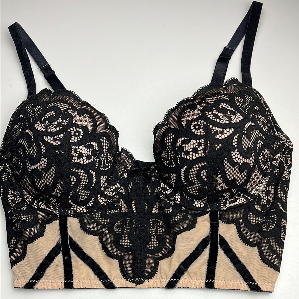 Saki Silver Black and Tan Lace Bustier Bra Sz 34C